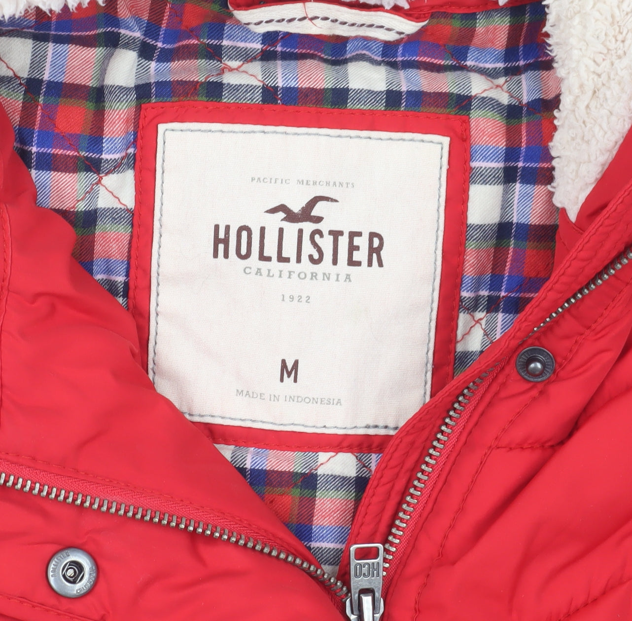 Hollister Women's Red Puffer Jacket with Fur Hood, M