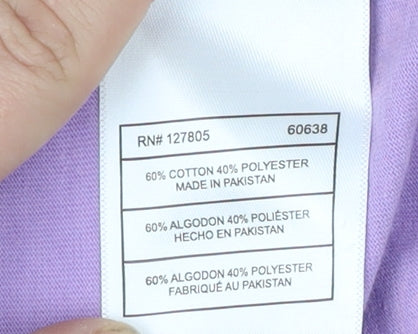Brand and care label for Reebok girls’ purple t-shirt, size 14, years, logo print