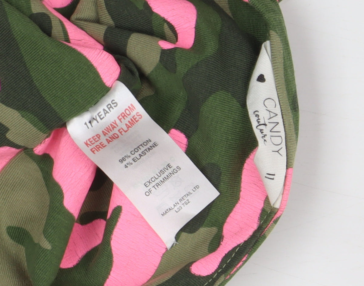 Close-up detail of Candy Couture girls’ green pink camouflage t-shirt, size 11-12