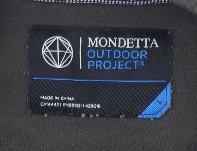 Brand and care label for Mondetta men’s brown pullover sweatshirt, size regular