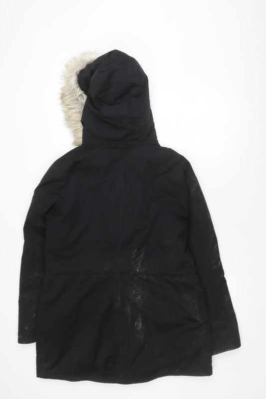 Hollister Men's Black Parka Jacket with Fur Trim Hood L