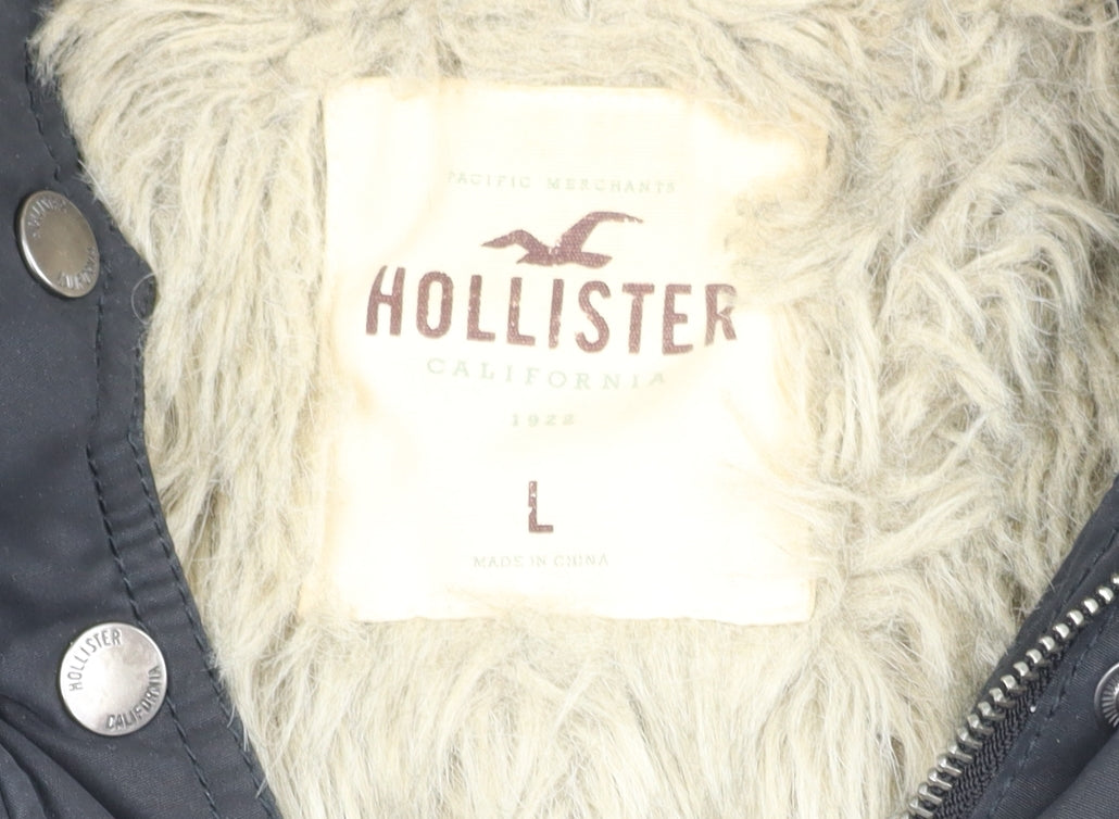 Hollister Men's Black Parka Jacket with Fur Trim Hood L