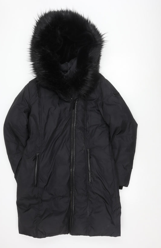 DKNY Women's Black Puffer Coat, M, Hooded Long Style