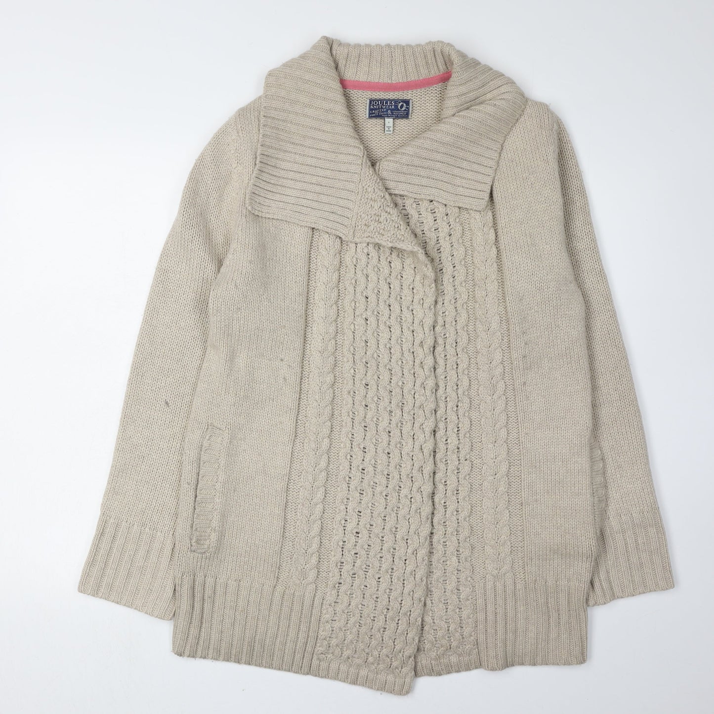 Joules Women's Beige Cardigan S Cable-Knit Wool Blend