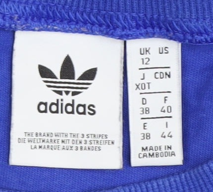 Brand and care label for Adidas Women's Blue Crew Neck T-Shirt, size 12