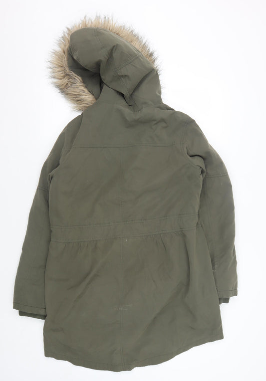 Oasis Women's Green Parka Coat S Hooded Winter Fur Trim