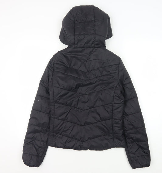 Bershka Women's Black Puffer Jacket, Size S, Hooded Zip
