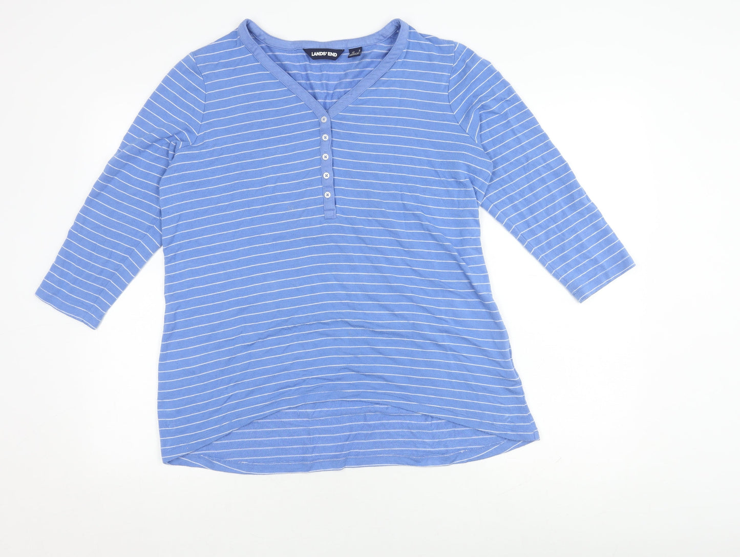 Lands' End Women's Blue Striped 3/4 Sleeve T-Shirt L