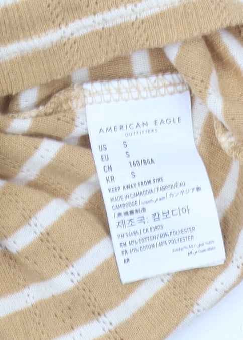 American Eagle Women's Beige Striped T-Shirt, Size S