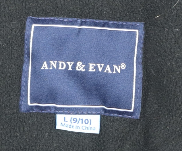 Brand and care label for Andy & Evan boys’ black parka coat l winter hooded