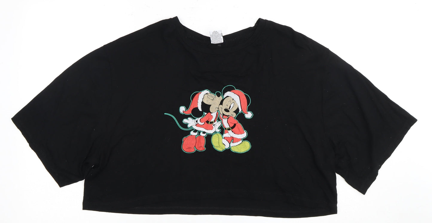 Disney Women's Black Mickey Christmas Cropped T-Shirt - Size 14