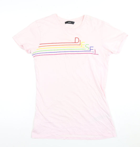 Diesel Women's Pink Crew Neck Rainbow T-Shirt - Size L