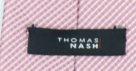 Brand and care label for Thomas Nash Men's Pink Slim Tie, Geometric Pattern, One Size