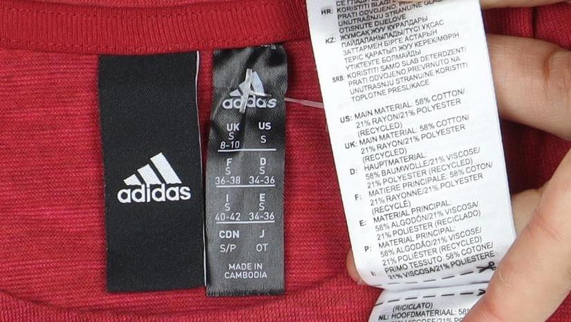 Close-up detail of Adidas Women's Red T-Shirt S - Gym & Training Activewear