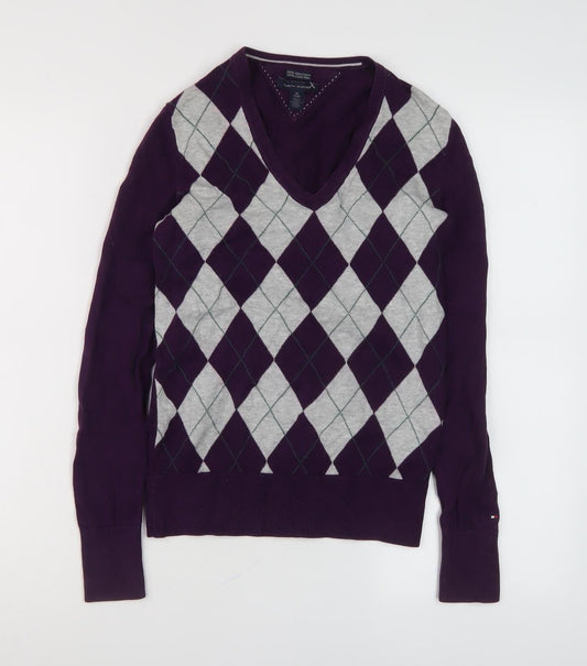 Tommy Hilfiger Women’s Purple Argyle V-Neck Jumper XS