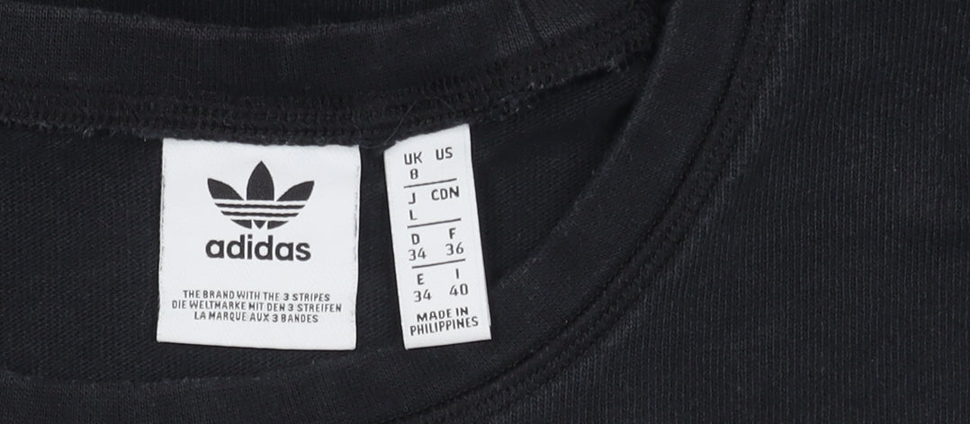 Brand and care label for Adidas Women's Black Cropped T-Shirt, size 8
