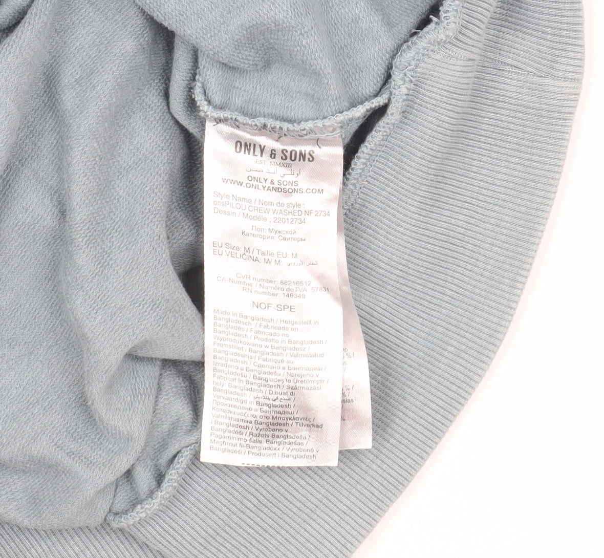 Brand and care label for Only & Sons Men's Blue Pullover Sweatshirt M