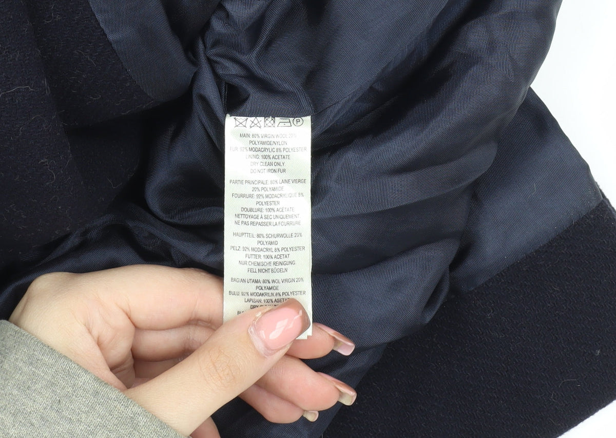 Brand and care label for French Connection Women's Black Wool Pea Coat, size 8