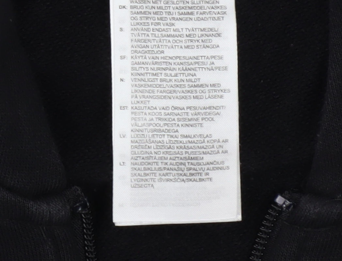 Brand and care label for adidas boys’ black full zip hoodie, 9-10 years, hooded