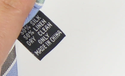 Brand and care label for Atlas Design Men's Blue Striped Silk Linen Tie