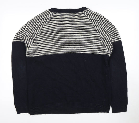 FYI Mens Black Striped Knit Pullover Jumper Medium