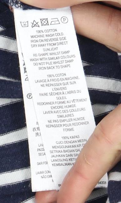 Brand and care label for French Connection Women's Blue Striped Dress, size 16