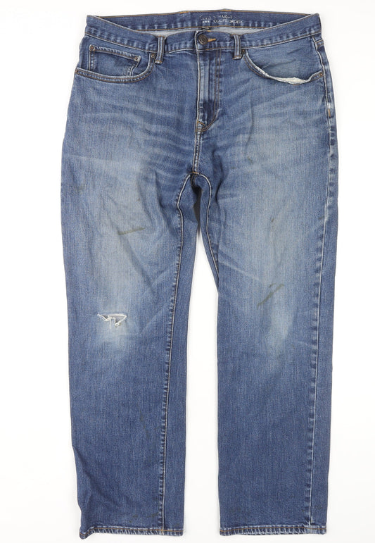 Gap Men's Blue Straight Jeans, Size 36, Distressed Style