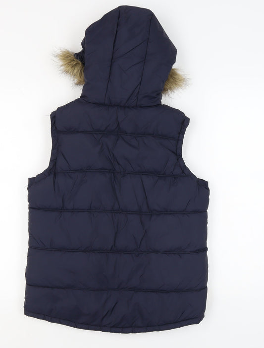Superdry Women's Blue Waistcoat, Size S, Hooded Fur Trim