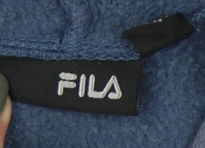 Brand and care label for Fila boys’ blue pullover hoodie -, size 4