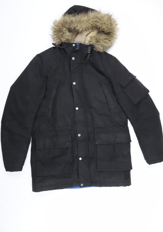 Jack & Jones Men's Black Parka Coat M, Fur Hood