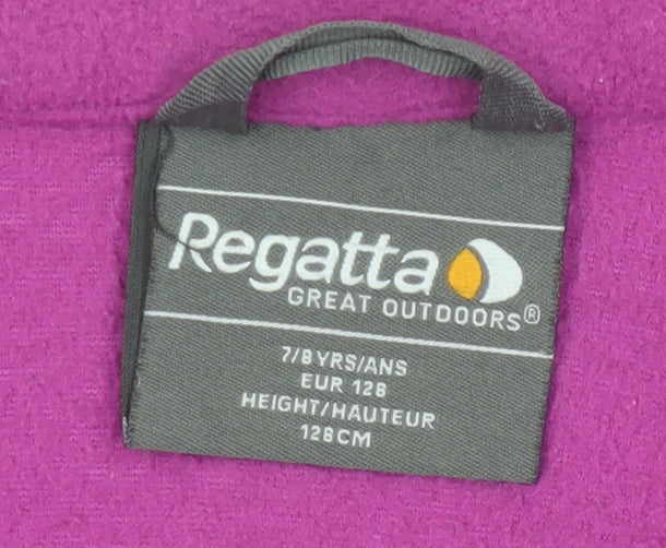Brand and care label for Regatta girls’ purple jacket, size 7-8, years, lightweight fleece