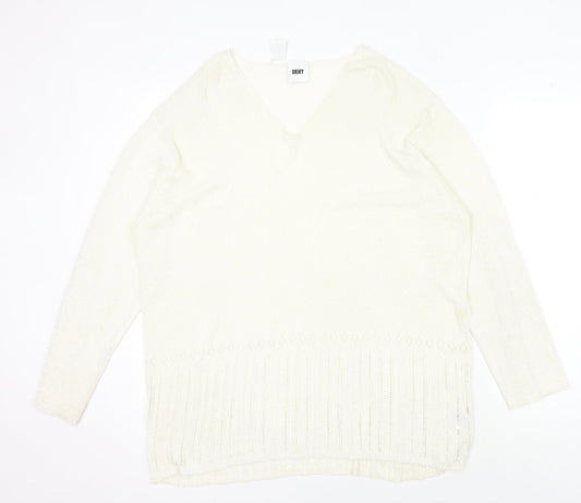 DKNY Women's Ivory V-Neck Pullover Jumper L