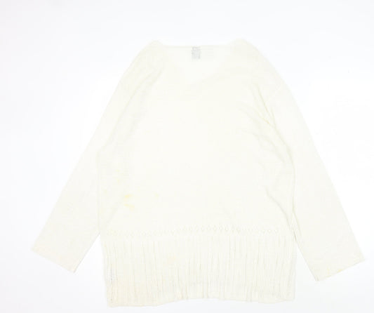 DKNY Women's Ivory V-Neck Pullover Jumper L