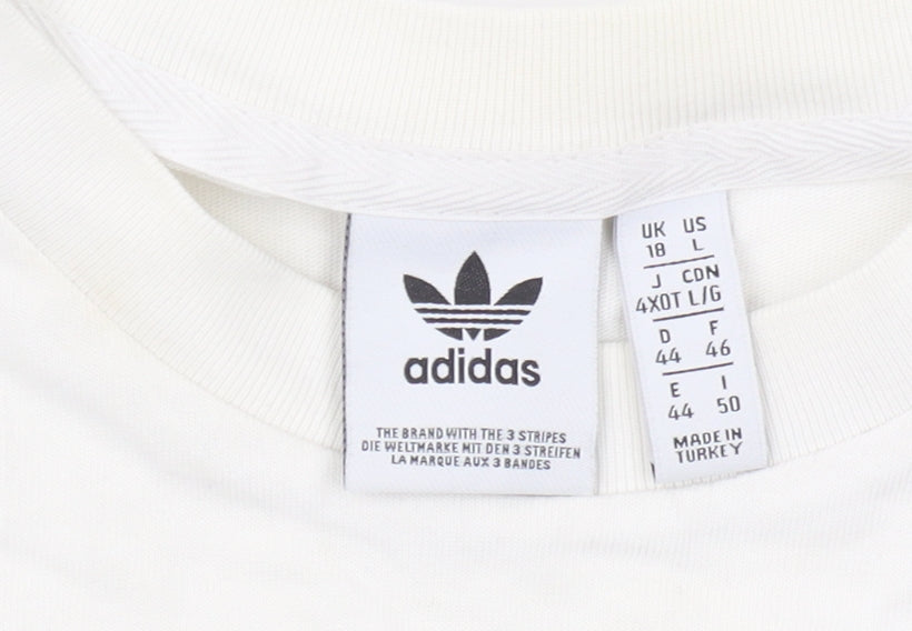 Brand and care label for Adidas Women's White Crop T-Shirt, size 18