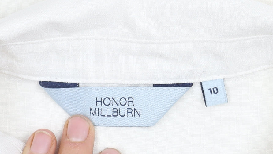 Brand and care label for Honor Millburn Women's White Button-Up Shirt, size 10