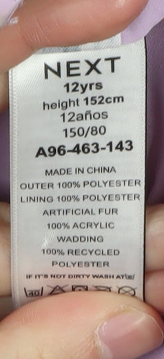 Brand and care label for Next girls’ purple winter puffer jacket 12 years