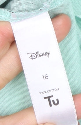 Disney Women's Green T-Shirt 16 Cartoon Crew Neck