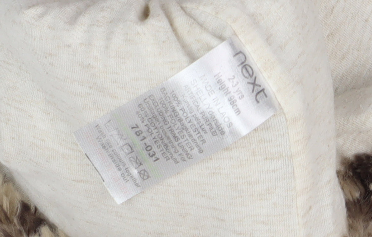 Close-up detail of Next girls’ brown animal print sleeveless hoodie vest, 2-3 years
