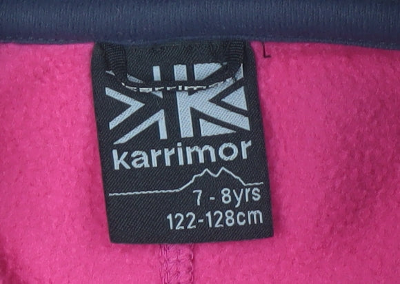 Brand and care label for Karrimor girls’ pink 1/4 zip fleece sweatshirt 7-8 years