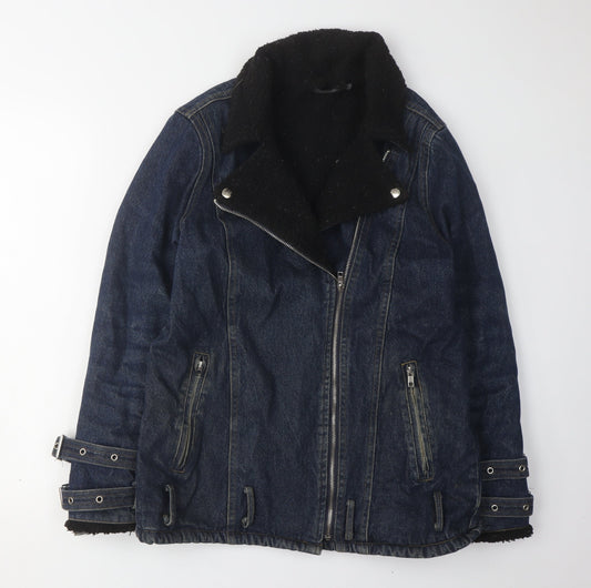 Additional front view of Missguided Women Blue Denim Motorcycle Jacket, size 6