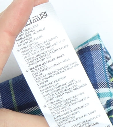 Brand and care label for Mantaray boys’ blue plaid button-up shirt - 7 years