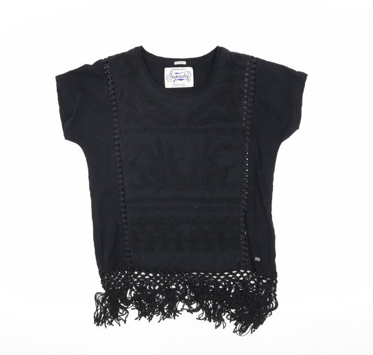 Superdry Women's Black T-Shirt - Size S, Fringe Accented