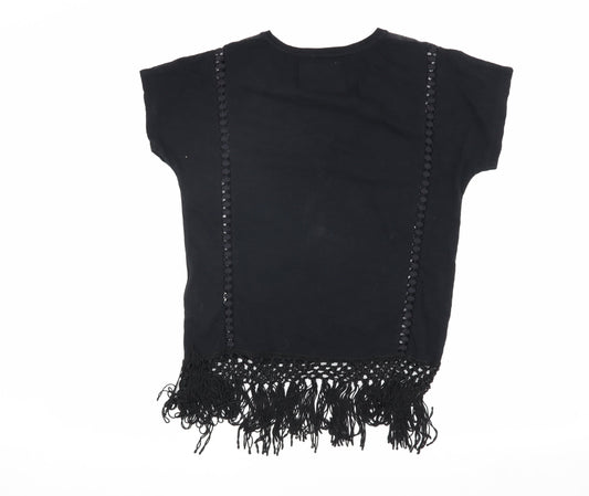 Superdry Women's Black T-Shirt - Size S, Fringe Accented