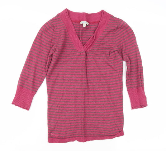 Fat Face Women's Pink V-Neck Striped Pullover Jumper