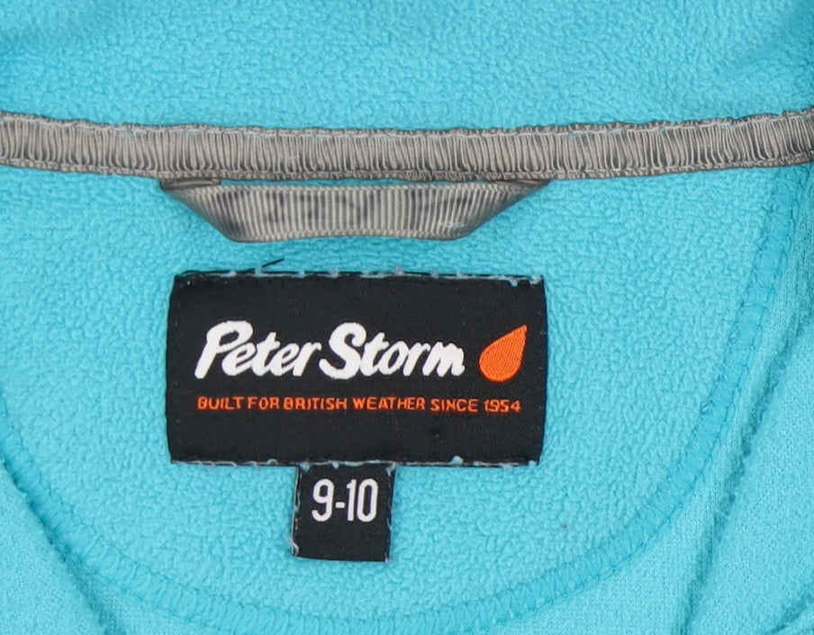 Brand and care label for Peter Storm girls’ blue fleece 1/4 zip sweatshirt, size 9-10