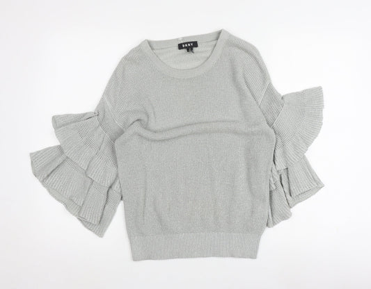 DKNY Women's Grey Knit Jumper, Size S with Ruffle Sleeves