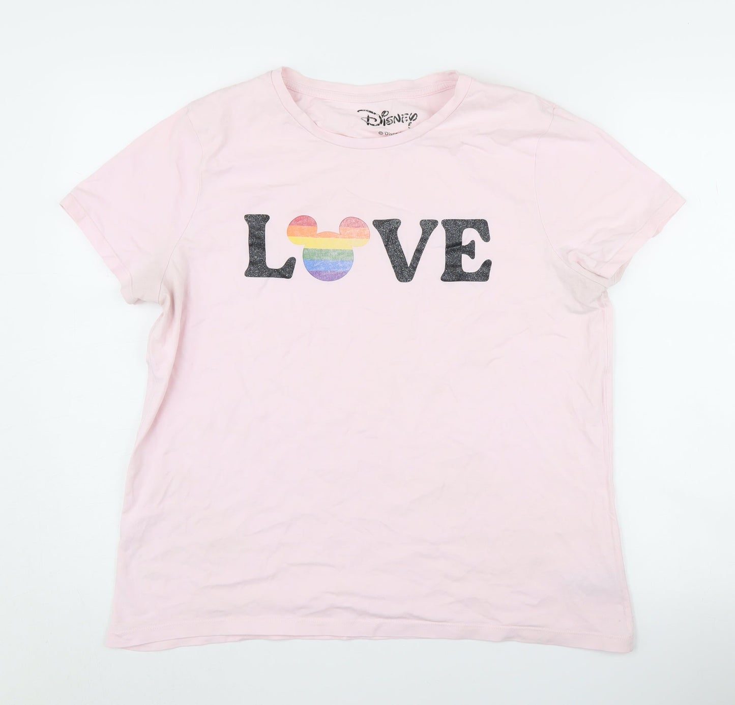 Disney Women's Pink Love T-Shirt UK 16 Crew Neck Short Sleeve