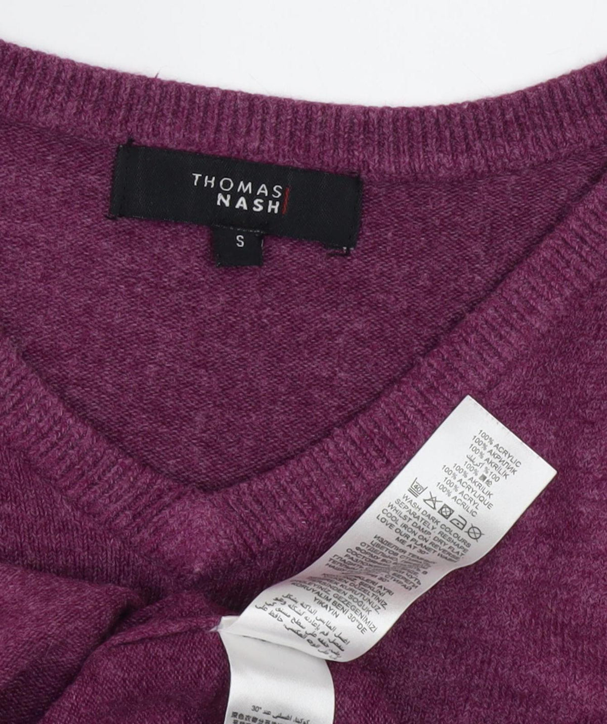 Close-up detail of Thomas Nash Men's Purple V-Neck jumper S