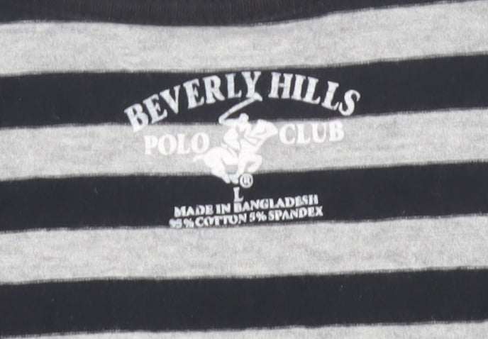 Close-up detail of Beverly Hills Polo Club Women's Black Striped T-Shirt L