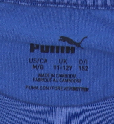 Brand and care label for Puma boys’ blue t-shirt, 11-12 years, crew neck, logo accent